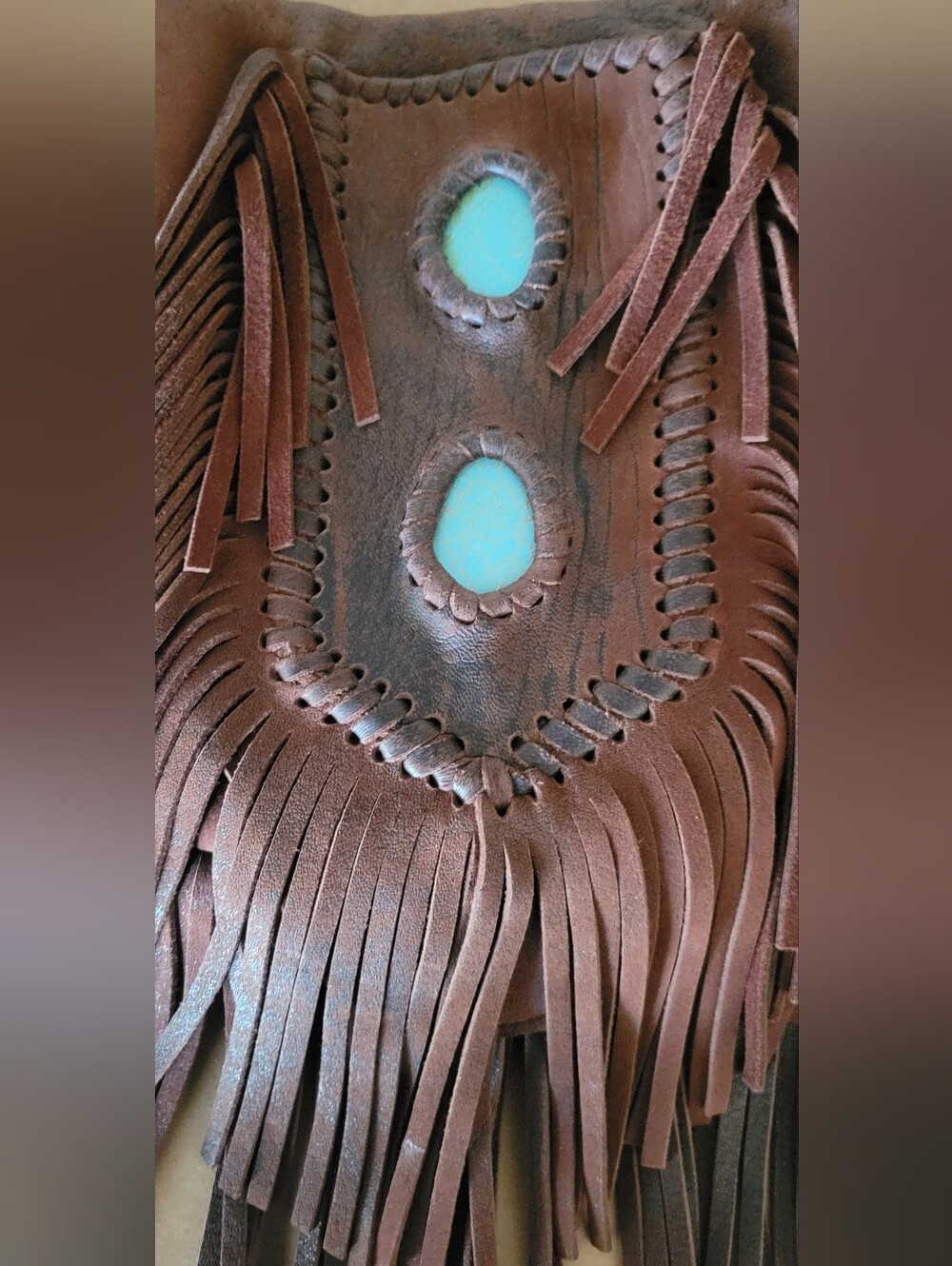 Fringed Brown Leather Crossbody Bag with Turquoise Accents - Picture 3 of 6
